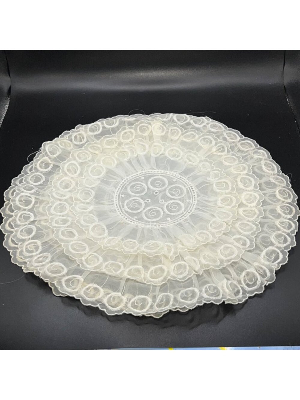 Sheer Lace Round Doilies Intricate Swirl Embroidery Elegant White Set of two VTG